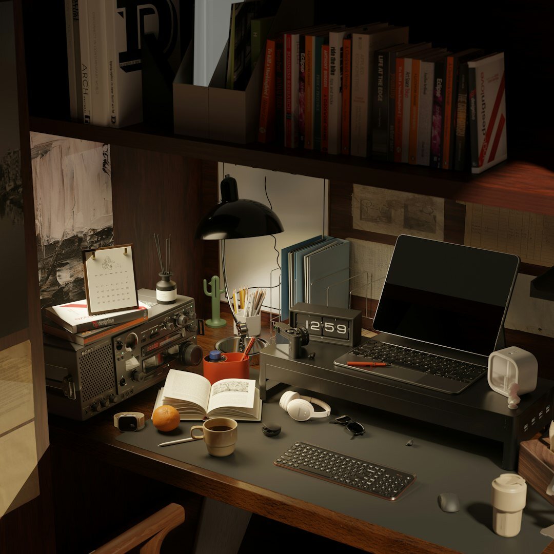 mystery writer desk setup
