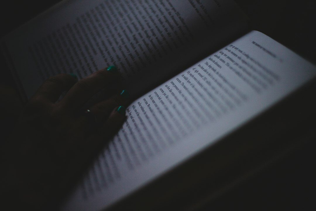 person reading mystery novel at night